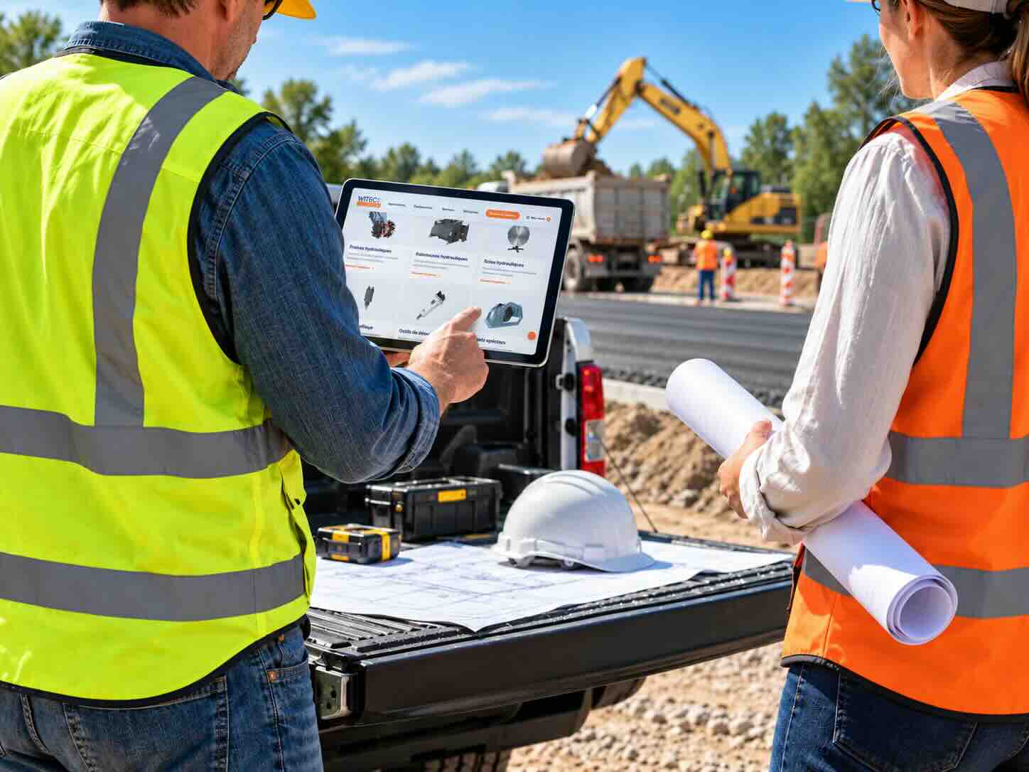 Professionnels analysant un chantier routier avec plans et tablette dans le cadre d’un accompagnement technique Witeck